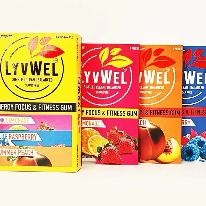 Caffeine Chewing Gum  3 Packs - 80mg per Piece - Blue Raspberry Pink Lemonade & Peach Sweet Tea Flavors Energy Focus Fitness  Sugar Free gum Sport Drink