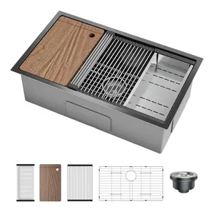 GARVEE Undermount Kitchen Sink, 32x19 Inch Stainless Steel Kitchen- Single Bowl Sinks , Modern Top Mount 16 Gauge Workstation Sink-with Cutting Board for Bar, Black (Not Included Faucet)