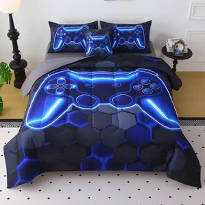 Twin Size Gaming Bedding Set Comforter for Boys Teens - 3D Video Game Print Bed in a Bag with Sheets, Blue (Twin)