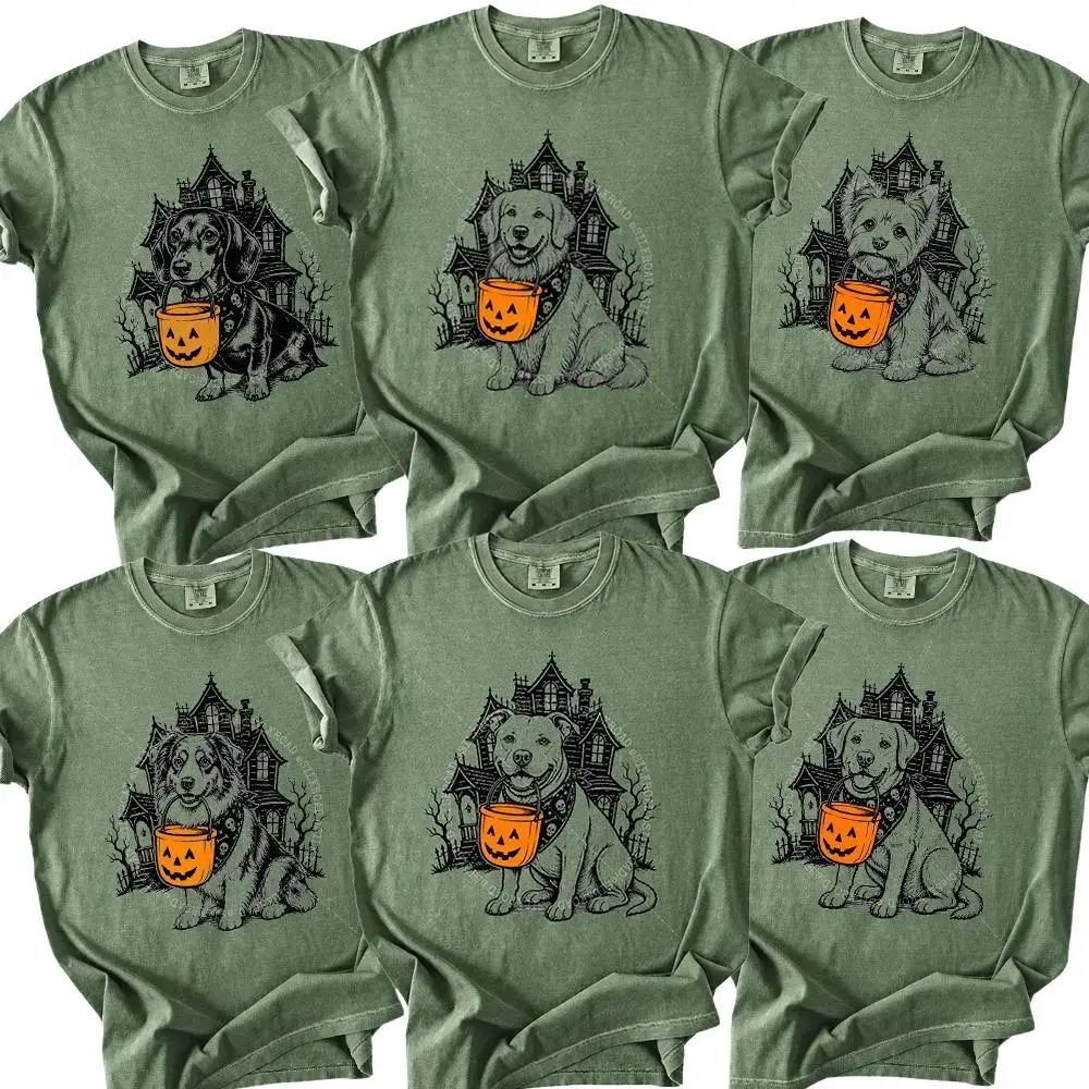 Comfort Colors 50+ Dog Breeds Halloween T-Shirt - Funny Pumpkin Candy Bucket Dog Tee, Trick or Treat Dog Lover Shirt, Cute Dog Costume Graphic Tee, Unisex Pet Lover Halloween Shirt, Moss Color