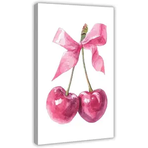 1pcs Framed Fresh Fruits Unique Wall Art Print Pink Cherry Wall Picture Print on Canvas Modern Minimalist Painting for Bathroom, Restaurant, Kitchen Decor Wrapped Canvas 08x12inch(20x30cm)