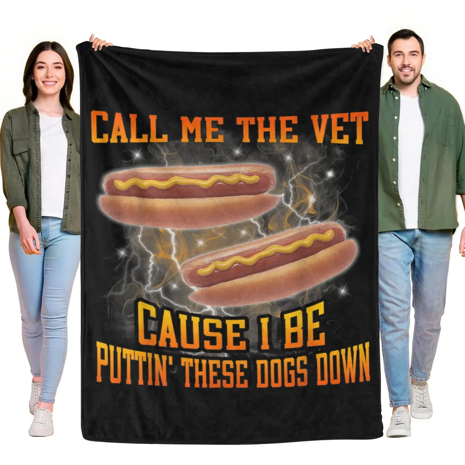 Two Hot Dog Sausage Lightning Smoke Retro Bootleg Style Pun Graphic Plush Throw Blanket, Funny Food Novelty Lightweight Blanket for Kitchen Living Room