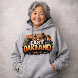 East Oakland's Hoodie - Gray Graphic Hooded Sweatshirt with Cityscape Design and Front Pocket Menswear Sweatshirts Tops Man Pullover Casual Long Sleeve