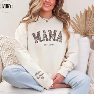 Personalized This Mama Wears Her Heart On Her Sleeve Sweater, Custom Mom With Kids Names Hoodie, Motherhood Gift, Mother's Day Gifts