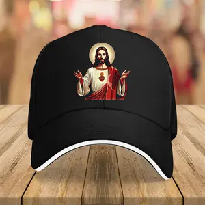 1 Piece Unisex Sacred Heart of Jesus Baseball Cap - Lightweight Stretch Polyester, Navy Blue with Gold Jesus and Cross Print, Suitable for Fishing, Hiking, Cycling, Casual Outdoor Hat, Faith Inspiration Gift