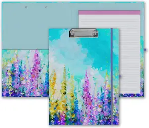 Cute Clipboard Folio with Refillable Lined Notepad and Interior Storage Pocket for Office Stylish A4 Foldable Clipfolio - Purple Oil Painting
