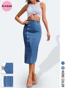 Flvsun-Women's Casual Split Denim Midi Jean Skirt Stretch High Waisted Button Up with Side Slit Elegant Women'S Skirt  Minimalist Basic Bottom