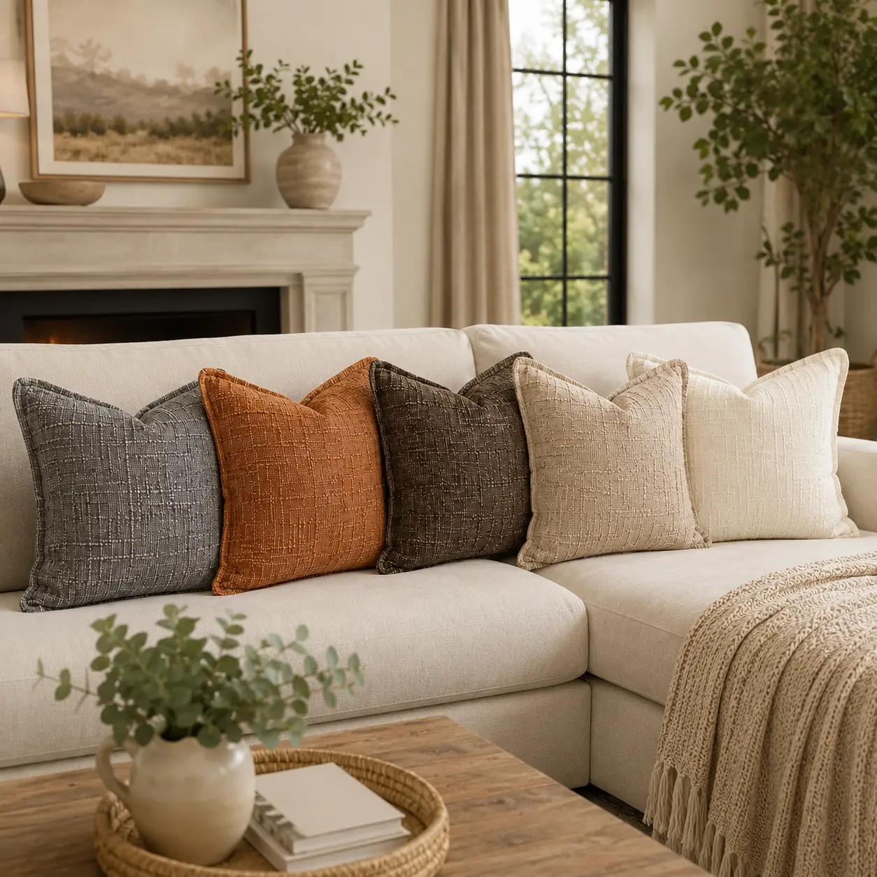Chenille Throw Pillow Covers (18x18 in) Set of 2 for Room Decor, House Decor, Living Room, Decorative Textured Look Cushion Covers with Raised Weave, Piped Border, Concealed Back Zipper, Inserts Not Included