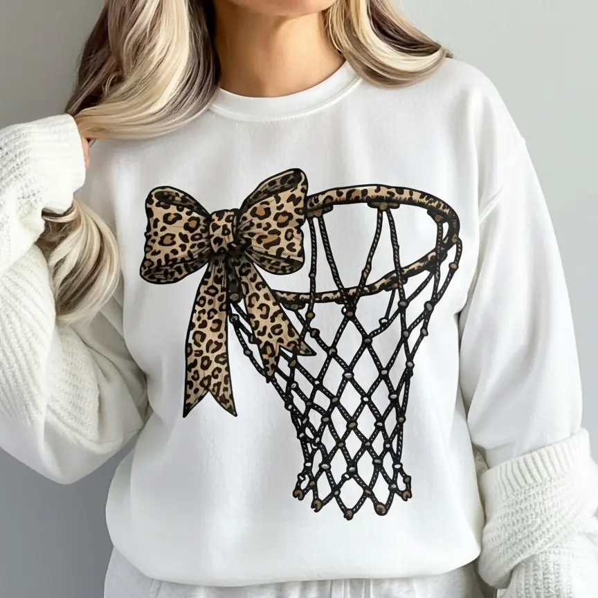 Leopard Basketball Hoop Sweatshirt, Retro Coquette Bow Net Sweater, Cozy Game Day Pullover, Stylish Sports Mom Crewneck, Gift For Her Him, Unisex Cotton Top