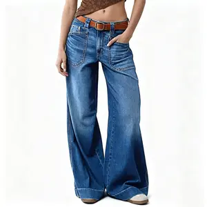 Women's high Rise Jeans Wide Leg Baggy Stretchy Boyfriend Trendy Casual Comfort Lounge Denim Jeans Womenswear Washed Indigo Pant