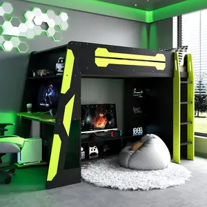 Twin Gaming Loft Bed Frame with RGB Lighting, Desk, Multi-Storage Shelves and LED, Esports Design for PC & Console Gamers, Twin Size Wood Loft Bed for Bedroom (Green)