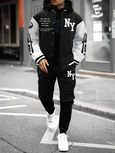 Men's Letter Print Bomber Jacket & Sweatpants Two-piece Set, Regular Fit Casual Fashion Baseball Collar Long Sleeve Outerwear & Jogger Pants for Daily Wear, Men's Two-piece Outfits, Tracksuit Sets, Casual Sportswear for Fall & Winter