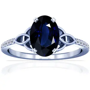 GIA Blue Sapphire Oval and Diamond Ring - (14k White Gold)- R65548REBS