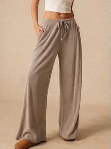 A pair of women's knitted drawstring high-waisted wide-leg casual lounge pant trousers, suitable for autumn and winter, suitable for casual occasions such as home, shopping, coffee and dating.