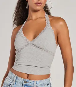 Women's Lace Knit Halter Tank Top Summer Y2K Fashion 2025 Trendy Outdoorfun Adjustable Spaghetti Straps Sleeveless Basic Tops Minimalist Comfort Short Lady Underwear Womenswear Slim