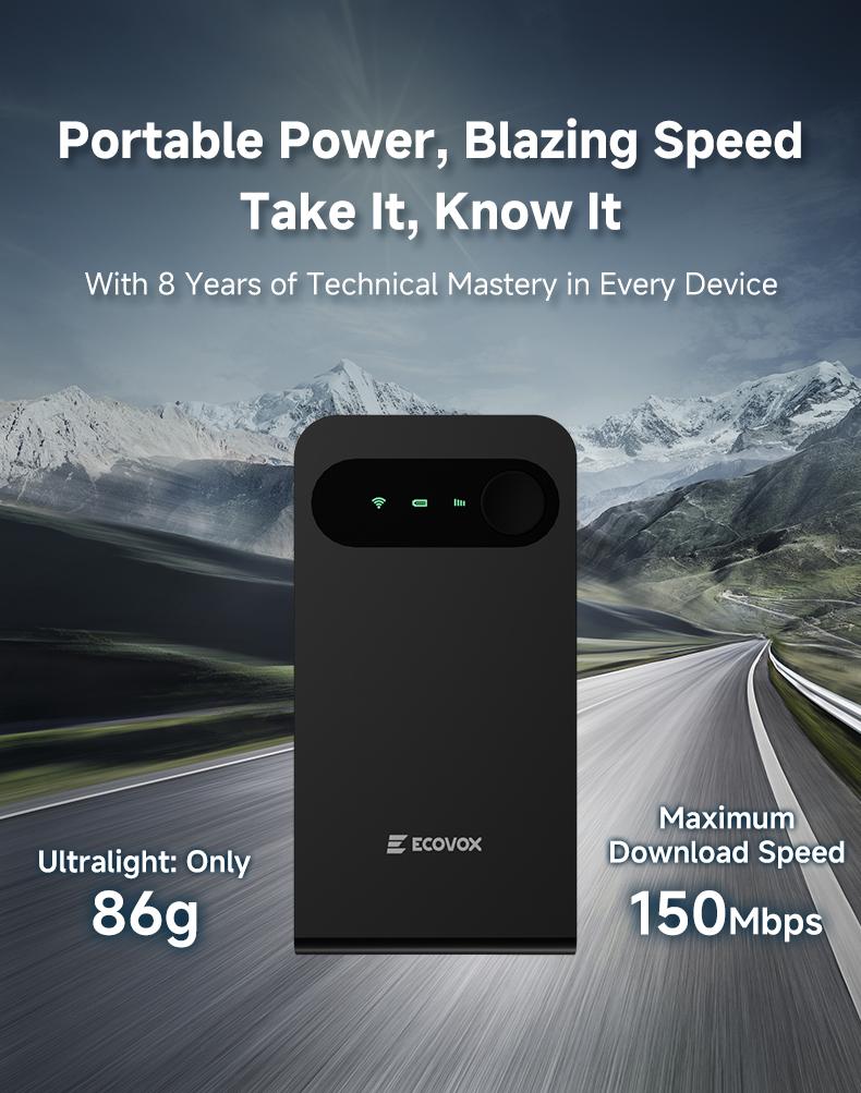 ECOVOX 2026 Upgraded Portable Mini WiFi Hotspot High-Speed 4G Data Global Coverage No SIM Card Required, Tri-Band Car/RV/Travel WiFi Router