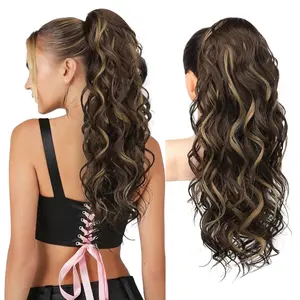 Ponytail Extension, 24" Claw Clip Ponytail Extension Wavy Ponytails Hair Extensions Jaw Clip on Pony Tails  Synthetic Hairpiece for Women Daily, Dark Brown with Highlights