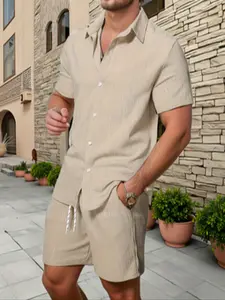 Men's Solid Color Short Sleeve Button-Up Shirt and Shorts Set, Casual Two-Piece, Summer Fashion, Comfortable and Stylish