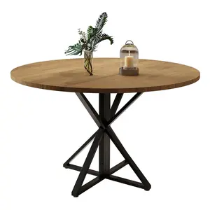 47 Inch Round Restaurant Dining Table for 4, Modern Farmhouse Design, Space-Saving Wooden/Metal Pedestal Base