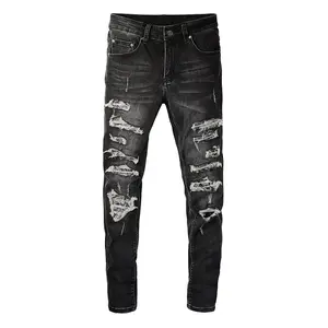 Men's Cracked Bandana Patch Jeans Streetwear Paisley Printed Pleated Patchwork Biker Pants Skinny Tapered Stretch Denim Trousers