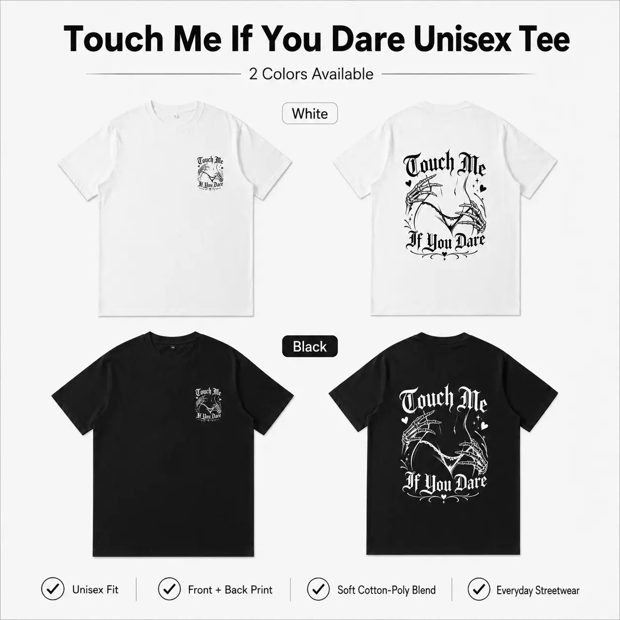 Unisex Gothic Skeleton Hands Graphic T-Shirt, Front and Back Print, Relaxed Fit Crew Neck Streetwear Tee for Men and Women, Black White S-5XL