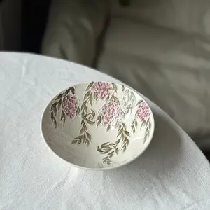 Handmade pottery bowl with purple wistaria. Flower ceramic tableware. Birthday, wedding, festival gift.