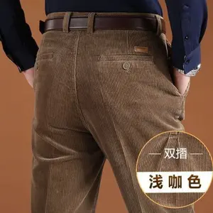 Men's Big Size High-Waist Corduroy Cotton Fabric Full-Length Straight Thick Warm Zipper Menswear Pants for Autumn-Winter Work & Casual Use