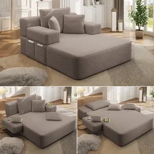 Luxurious Plush Corduroy Chaise Lounge with 3 Pillows, Convertible Sofa Bed with Storage Pocket, Frameless Design & Compression Foam for Small Spaces, Living Room, Apartment,Coffee