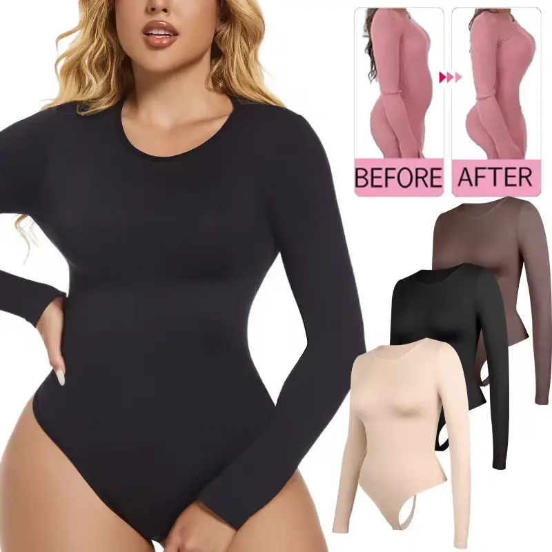Women Bodysuits Shapewear Thong Body Shaper Corsets Long Sleeve Waist Trainer Romper Stretch Basic T-Shirt Tops