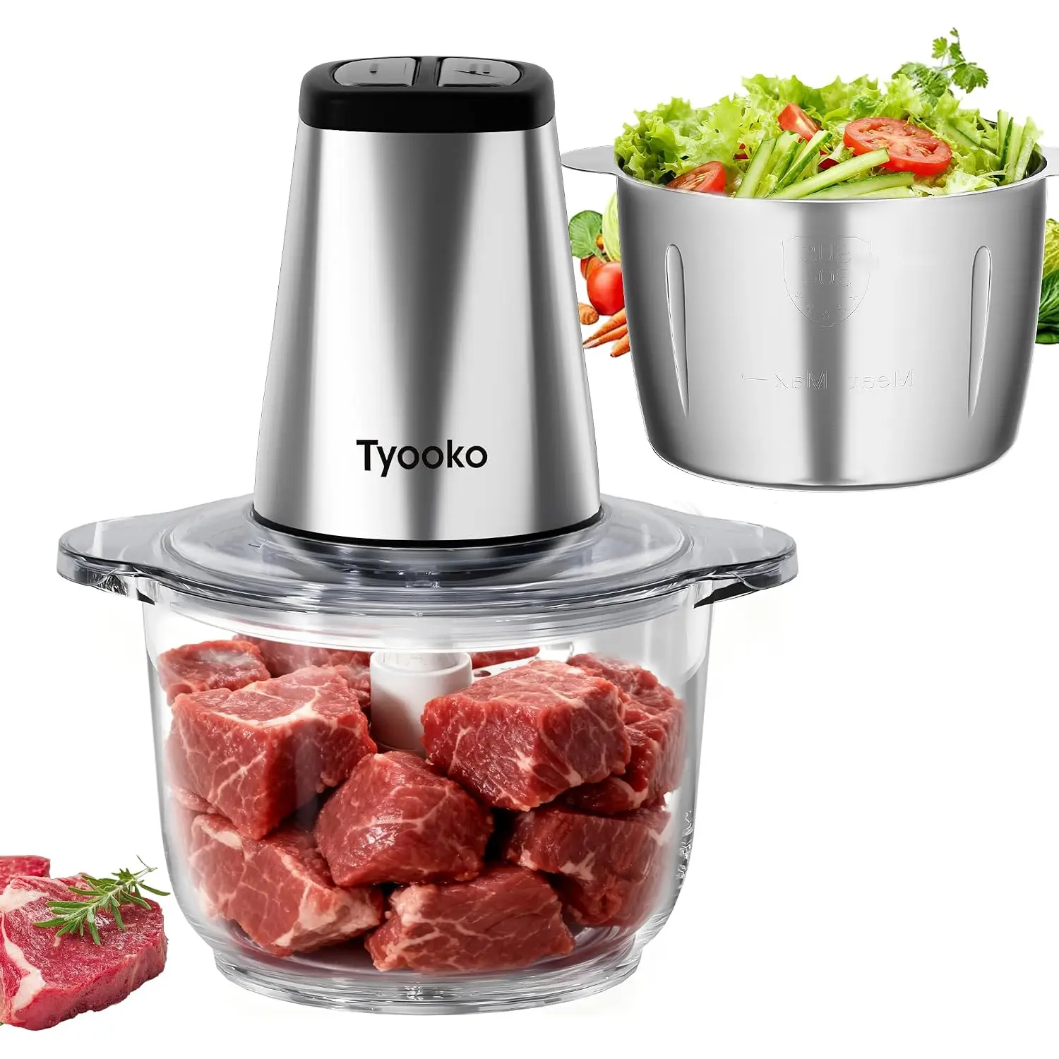 Electric Food Processor Vegetable Chopper, Easy Clean Meat Grinder with 2 Bowls (8 Cup Stainless Steel+8 Cup Glass), Small Food Mixer for Fruits/Meat/Nuts/Fish/Veggie/Pet Food/Baby Food