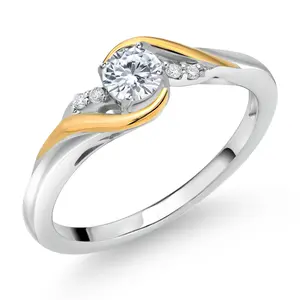 Gem Stone King 925 Sterling Silver and 10K Yellow Gold Round White Moissanite and White Lab Grown Diamond Engagement Ring For Women (0.26 Cttw, Birthstone)