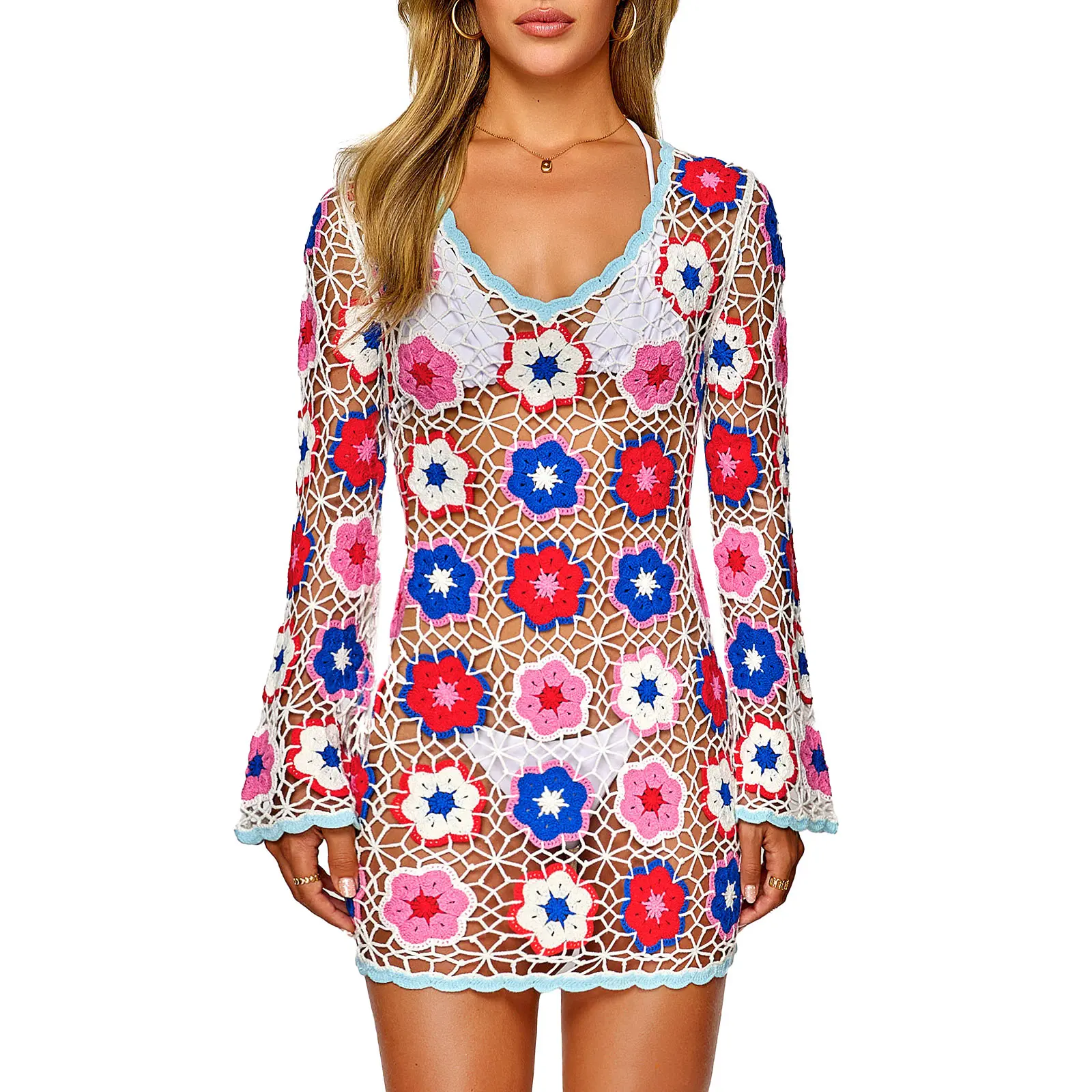 FAIRY SEASON Women's Crochet Beach Cover Up Dress Boho Bell Sleeve 3D  Camellia Embroidery for Vacation, Pool Party - TikTok Shop