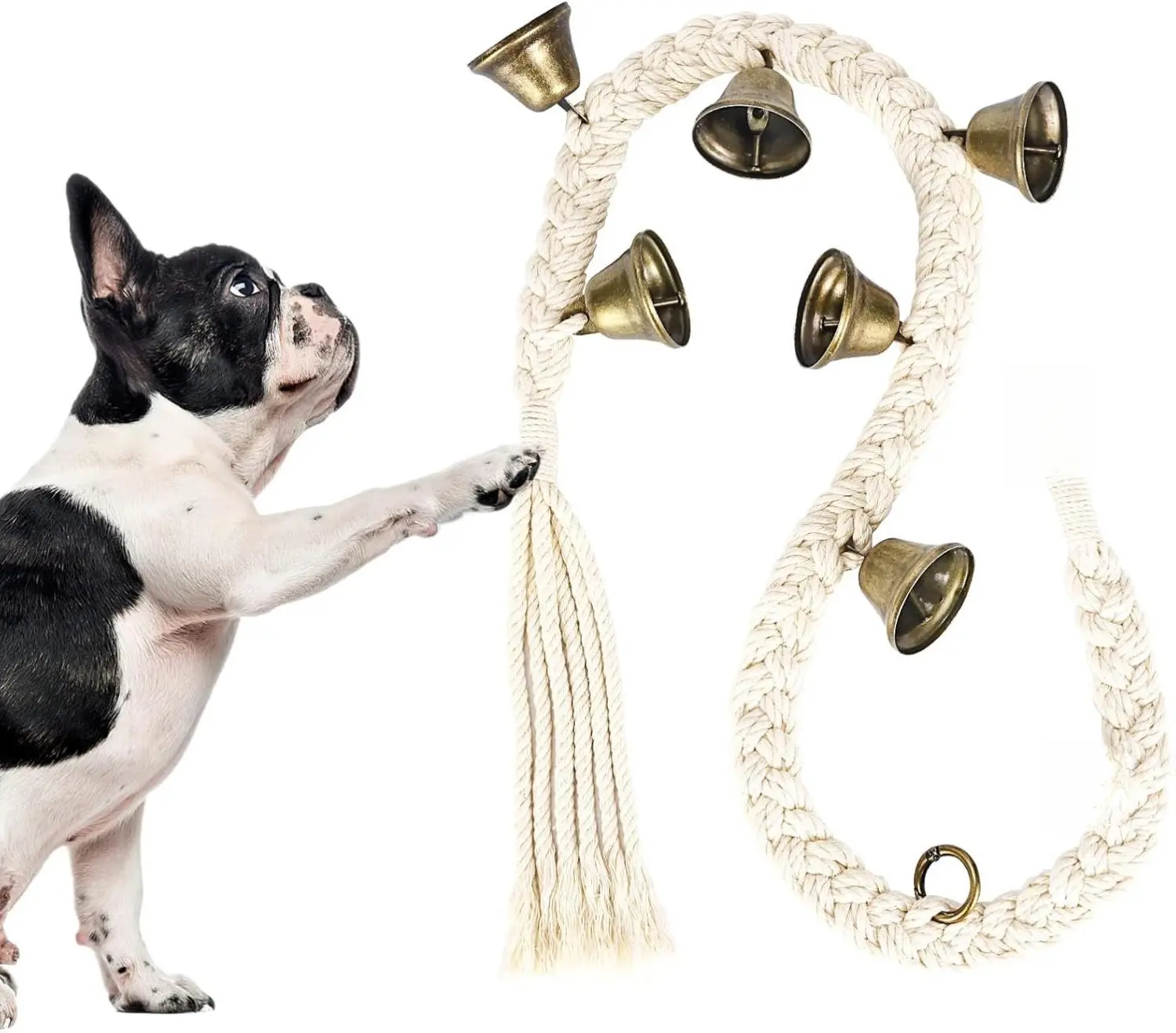 Dog Bell for Door Potty Training Cotton Handwoven Doorbell with 6 Extra Loud Bells for Small Medium Large Dogs Beige Adjustable Hanging Door Bell for Easy Training