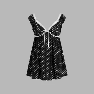 Cider [size 0-10] V-neck Polka Dot Lace Trim Bowknot Mini Dress