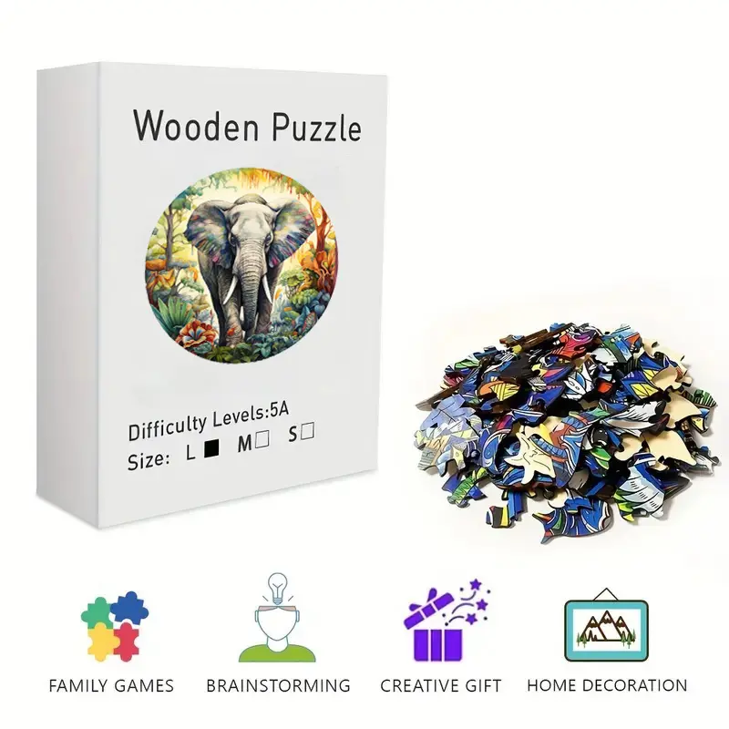 Wooden Jigsaw Puzzle for Adults & Kids - Unique Irregular Shape Jungle Elephant Art Puzzle, Challenging Brain Teaser, Artistic Home Decor Wall Art & Desk Ornament, Perfect for Stress Relief & Time Killing