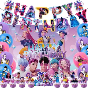 KPop Demon Hunters Birthday Party Decorations Set for Anime Fans Funny Demon Hunters Flag Banner KPop Demon Hunters Balloon Hanging Card for Boys Girls