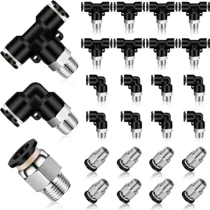 24 Pcs Push to Connect Tube Fittings 1/4 Inch OD x 1/8 NPT Pneumatic Kit Male Thread Straight Quick Release Connectors Air Connectors, 8 Straight, Elbow, Brunch Tee