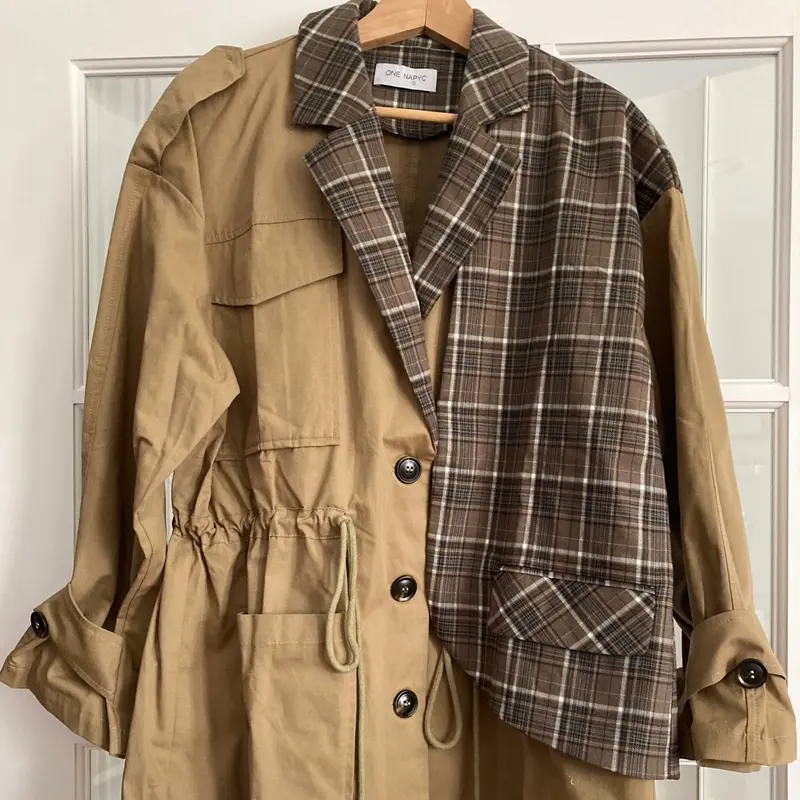Unique Two-Tone Trench Coat - Asymmetrical Design with Classic Beige & Brown Plaid, Functional Pockets, Casual & Tucked Style - Dress