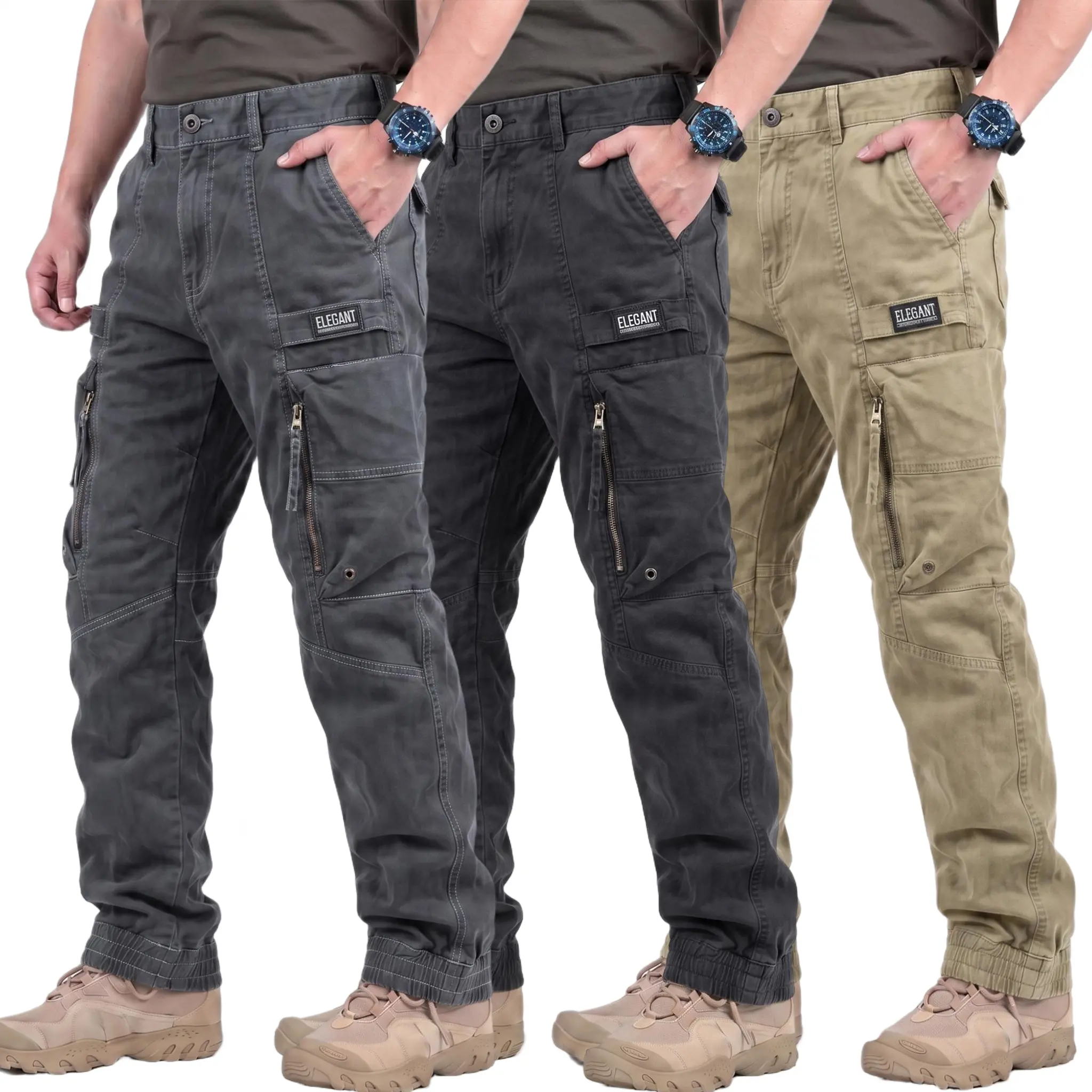 Men’s tactical cargo pants, 100% cotton multi-pocket design, regular fit, machine washable, durable and wear-resistant, suitable for outdoor work, hiking, and spring/autumn outfits.