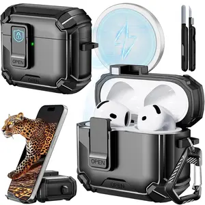 Compatible with AirPods 4th Generation 2024 Headphone Cases, Fully Drop Proof Auto Eject Protective Cover Design, New Charging Port Dust and Stand Design（Black）