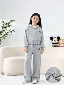 Bow Embroidered Hoodie Zipper Sweatshirt Wide Leg Pants Set, Spring & Fall Breathable Casual Athletic Sportswear, Unisex Kids Fashion Youth Kits