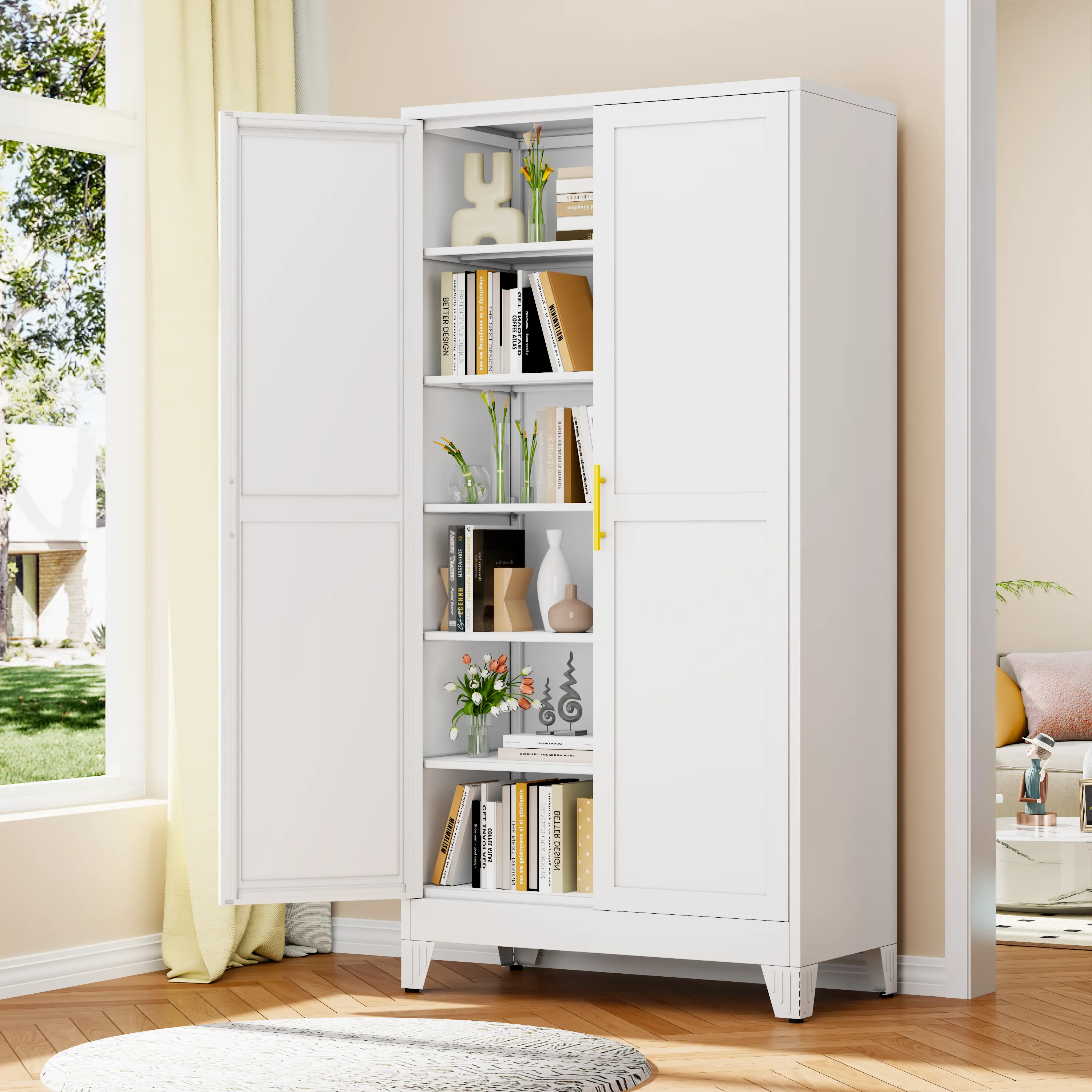 78.7 Inch Tall White Metal Pantry Cabinet, Kitchen Storage Organizer with 2 Doors & 5 Adjustable Shelves, Freestanding Versatile Cupboard for Kitchen, Laundry Room, Dining Room & Utility Room
