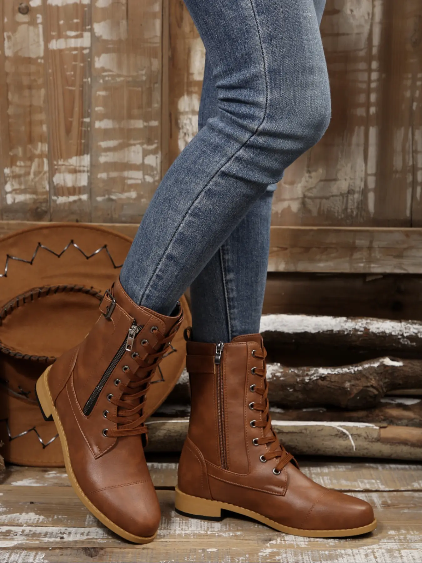 New Cool Mid-Calf PU Leather Boots with Zipper for Women, Side Zipper Buckle Design, Laces British Style Knight Boots, Fall & Winter Casual Shoes, Lace up boot