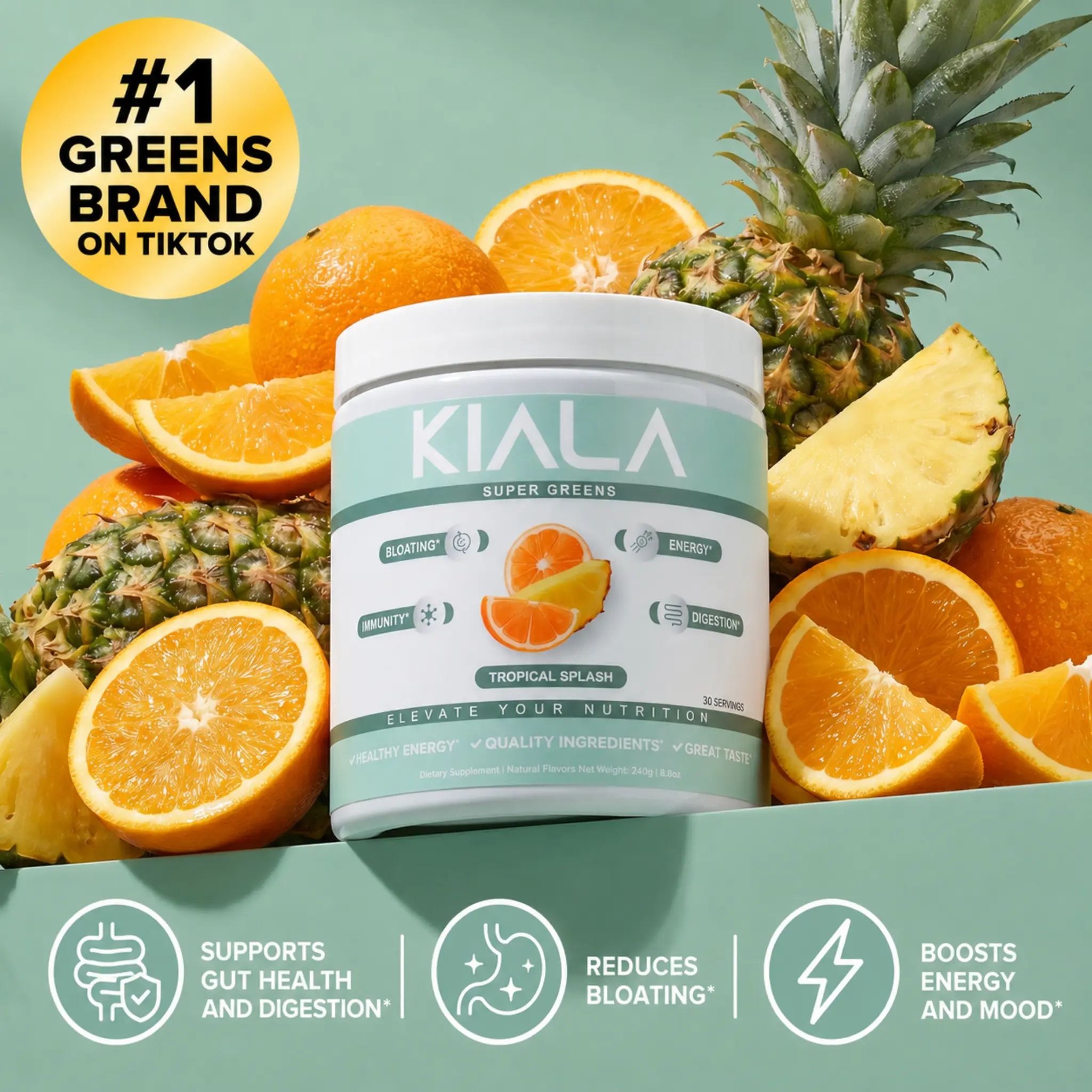 Kiala Nutrition Organic Super Greens Tropical Splash Powder - Spirulina & Chlorella, Gut Health Vitamins, Nutrition Supplement, Gluten-Free Vegan - 30 Servings for Digestion, Immunity & Energy Support