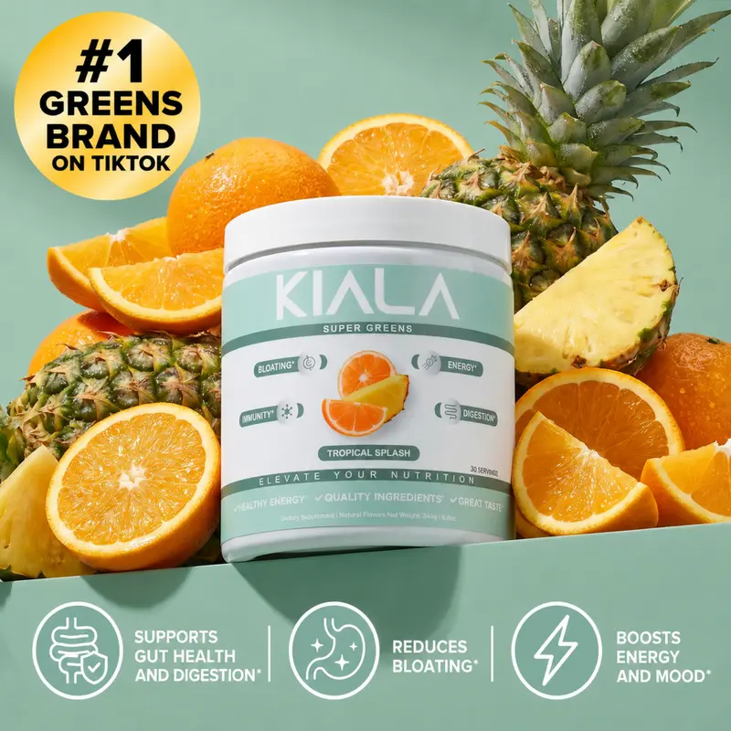 Kiala Nutrition Organic Super Greens Tropical Splash Powder - Spirulina & Chlorella, Gut Health Vitamins, Nutrition Supplement, Gluten-Free Vegan - 30 Servings for Digestion, Immunity & Energy Support