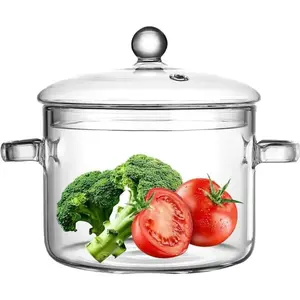 Thickened, Clear, Transparent Borosilicate Glass Cooking Pot with Lid, Heat Resistant Dual Handle Soup Pot, Induction & All Stovetop Safe, Food Grade Lead-Free Dishwasher Safe Cookware, Ideal for Home Kitchen Soup Pasta & Daily Cooking