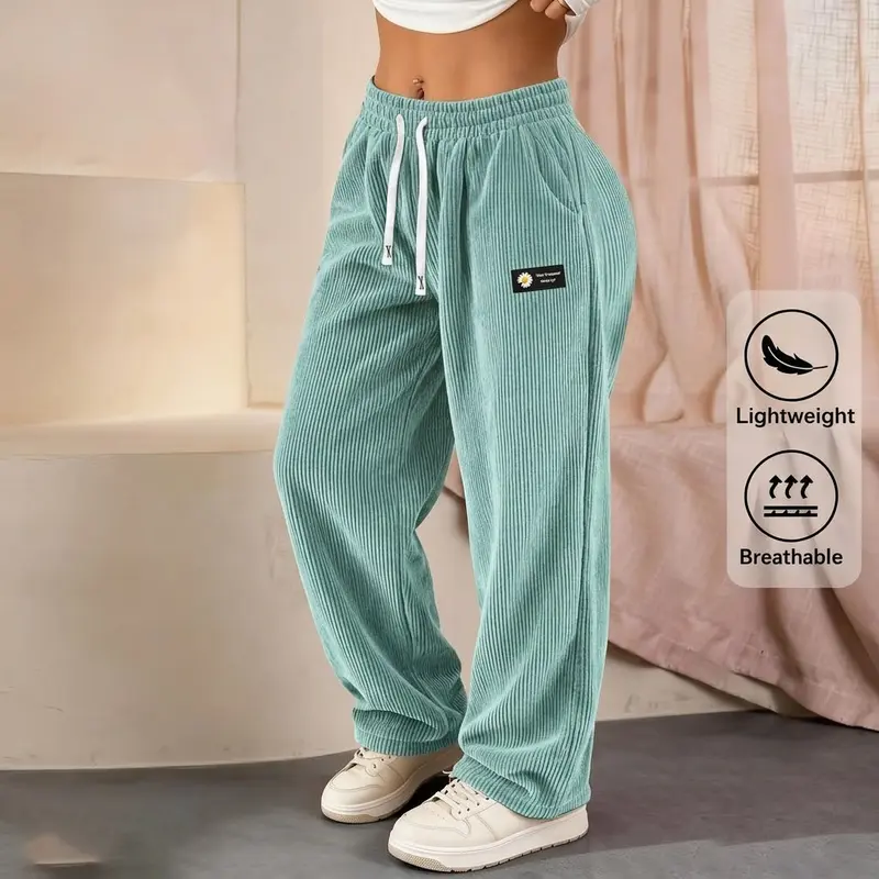 Women's Corduroy Straight-Cut Athletic Pants - Solid Color, Drawstring Pockets, Breathable, Casual Loose, Sports Clothes for Everyday Activities, Women's Clothing,sohochic