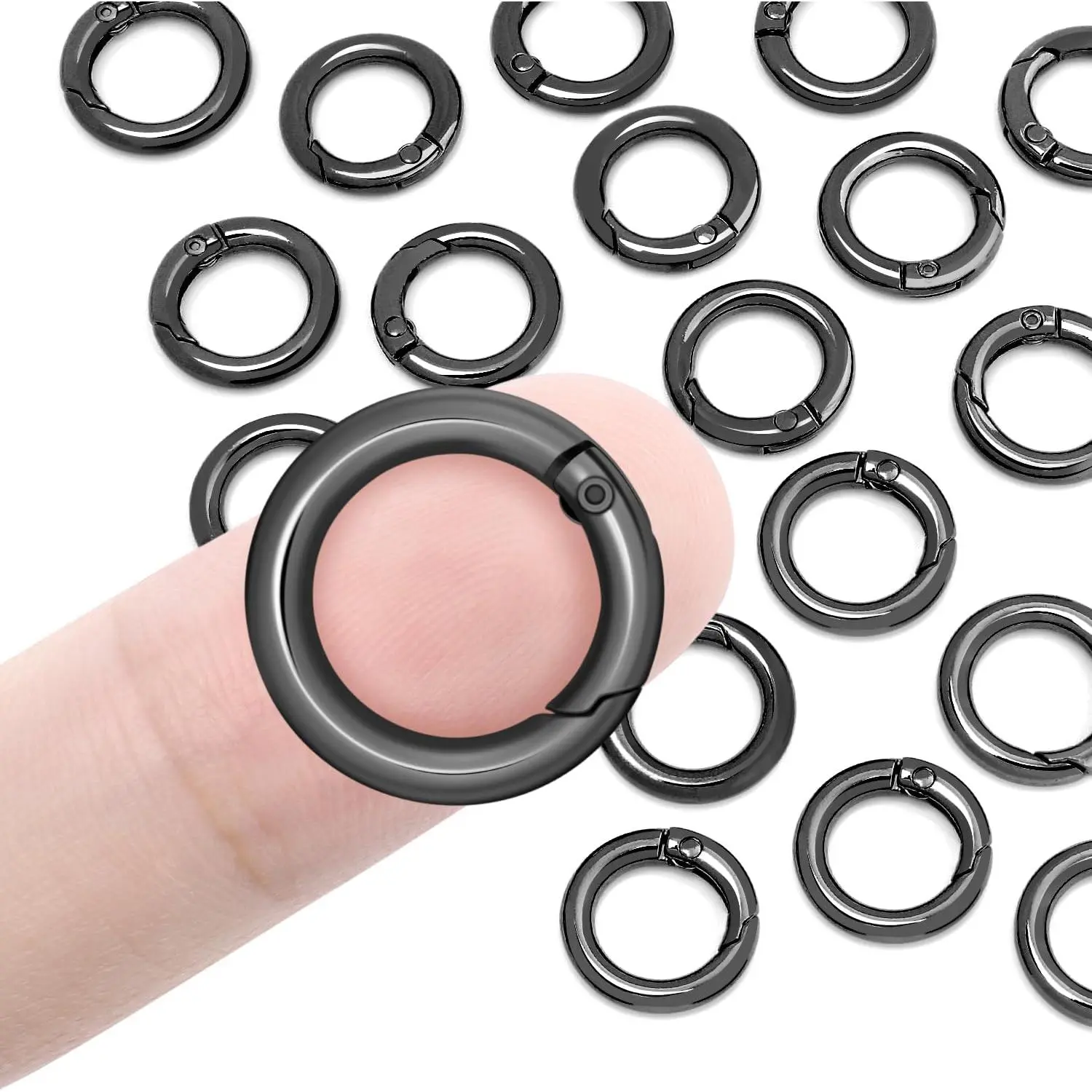 Unisex 16-Pack Smooth Open Spring Zinc Alloy O-Rings, 11mm Inner Diameter Metal Key Ring Hooks, 17.7mm Round Carabiner Clips for Adults' Dog Tags, Everyday Use Paracord Keychains & Backpack Accessories (Black)