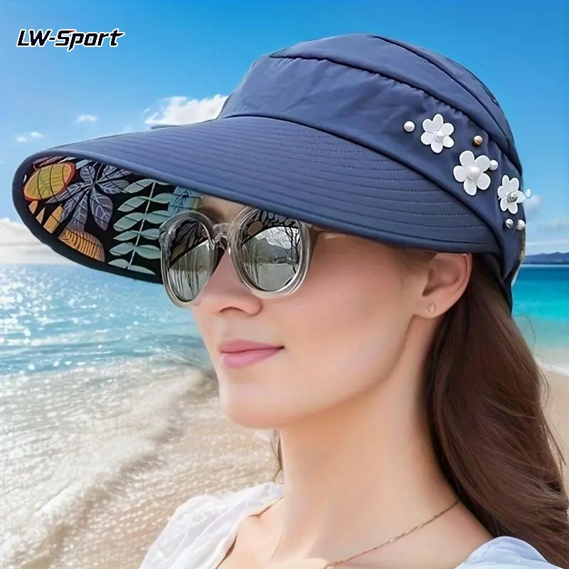 Women's Foldable UPF 50+ UV Protection Sun Visor Hat | SunSafeTok BeachTok Floral Decor Wide Brim Adjustable Hat | Summer Beach Vacation Travel Cruise Birthday Gift For Her | Lightweight Outdoor Fashion Accessory For Women
