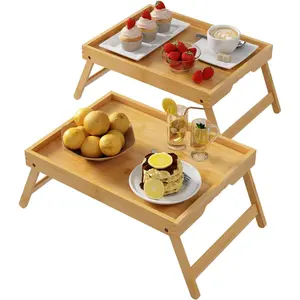 Bed Tray Table with Folding Legs,Bamboo Breakfast in Bed for Kitchen Serving Tray,Sofa,Eating,Used As Laptop Desk Snack Tray 2 Pack (Bamboo)